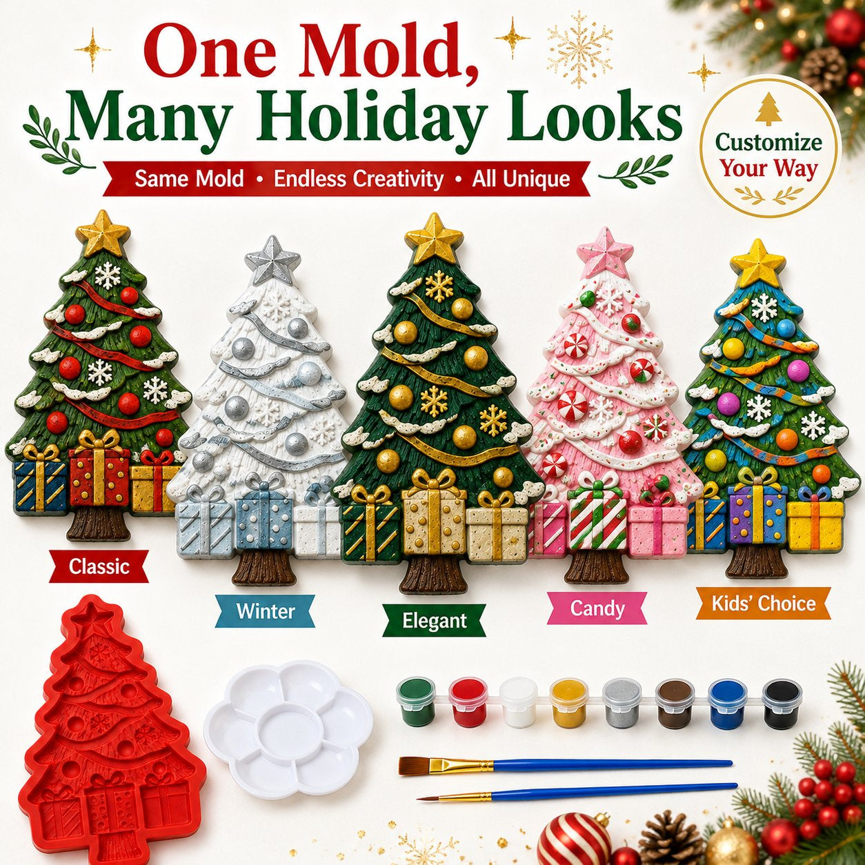 🎄 DIY Christmas Tree Mold Kit – Reusable Silicone Mold with Paints, Brushes & Palette, Complete Family Craft Set for Handmade Holiday Decor
