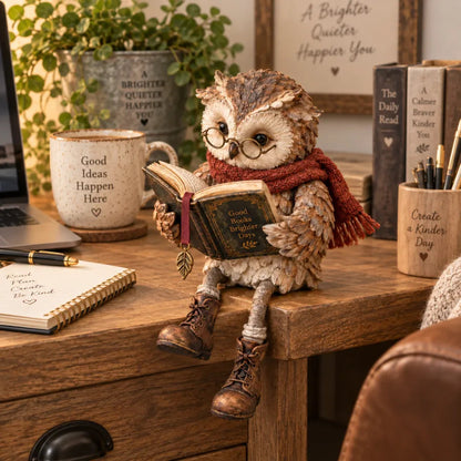 📚 Reading Owl Statue with Scarf & Glasses, Rustic Home Desk & Shelf Decor Ornament