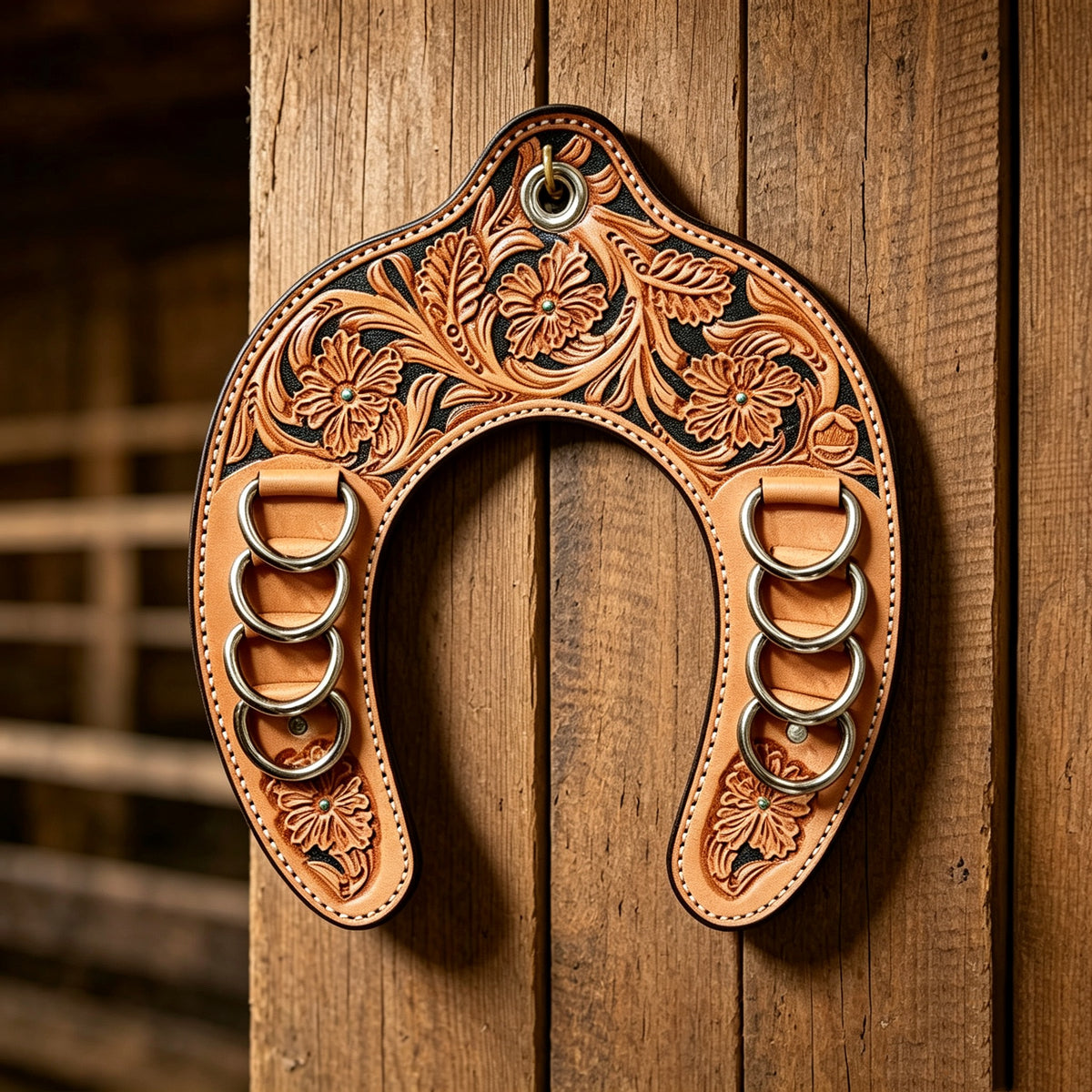 🌵 Western-Style Tooled Leather Horseshoe Hook – Equestrian Scarf/Silk Scarf Organizer & Decor