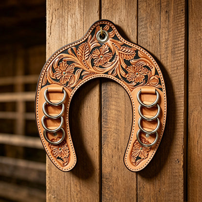 🌵 Western-Style Tooled Leather Horseshoe Hook – Equestrian Scarf/Silk Scarf Organizer & Decor
