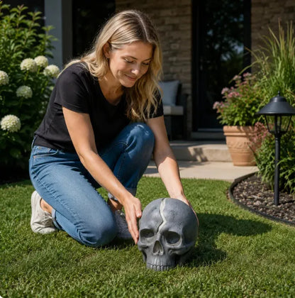 💀 Cracked Skull Solar Garden Light | Gothic Spooky Skull Landscape Yard Lamp