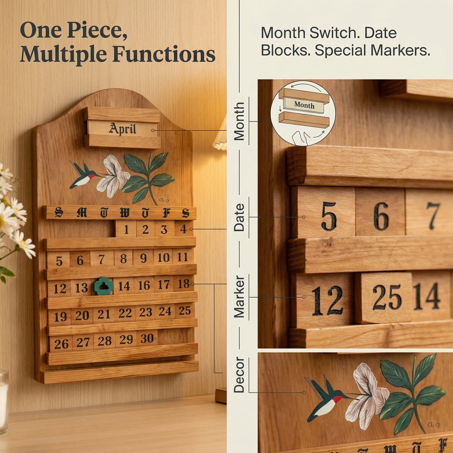 🌲 Wooden Perpetual Calendar – Rustic Family Date Tracker with Hand-Painted Art, Reusable DIY Home Decor for Wall & Tabletop
