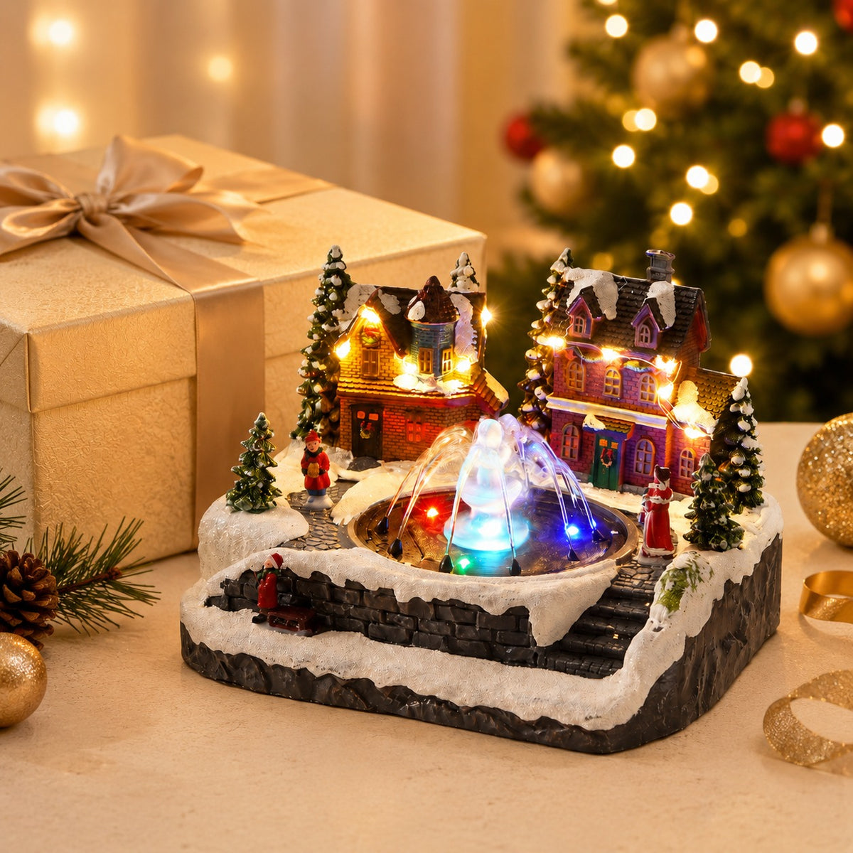 🎄Animated Christmas Village Fountain Music Box✨ Light‑Up Resin Winter Scene Ornament Holiday Tabletop Decor Xmas Gift