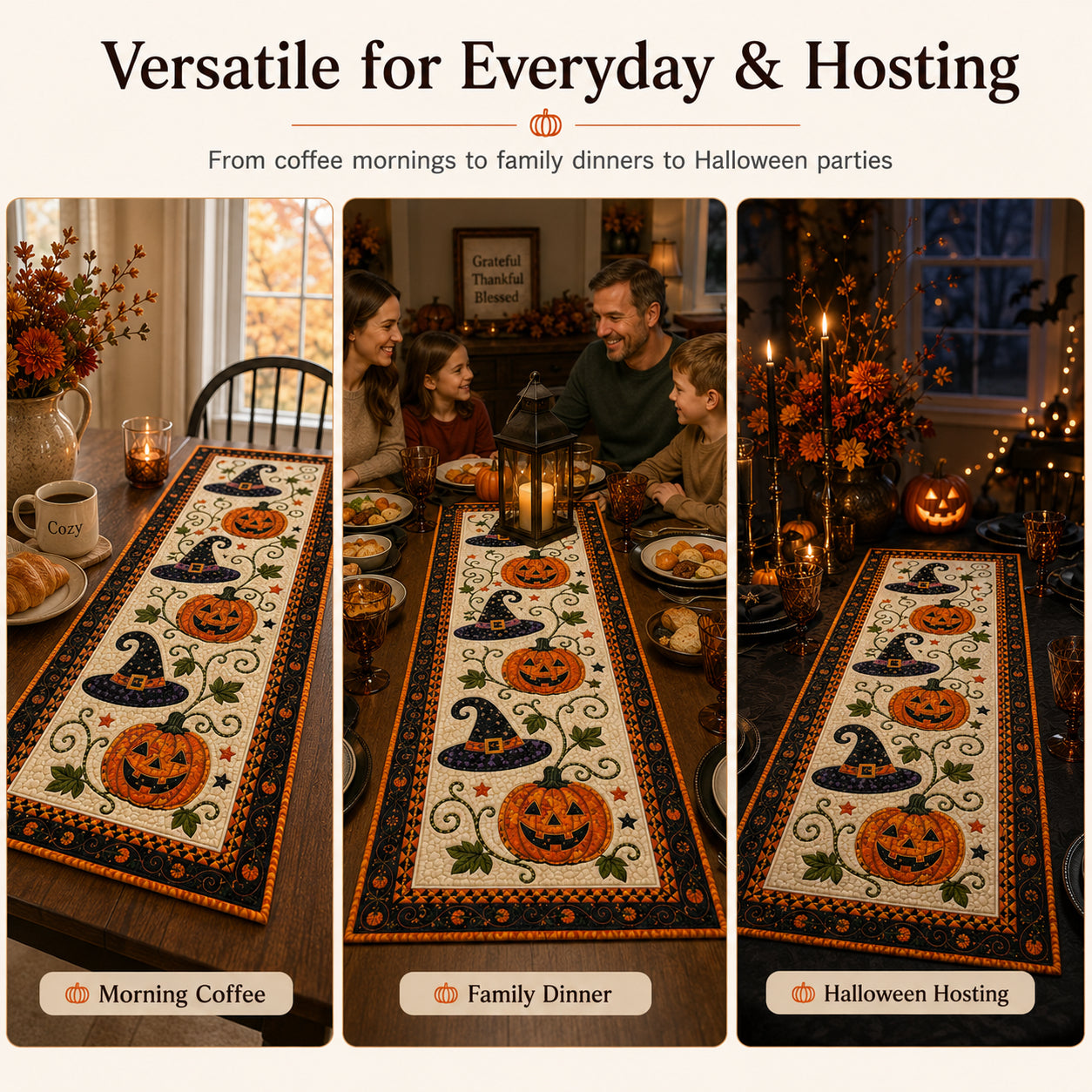 🎃 Quilted Halloween Table Runner – Pumpkin & Witch Hat Design