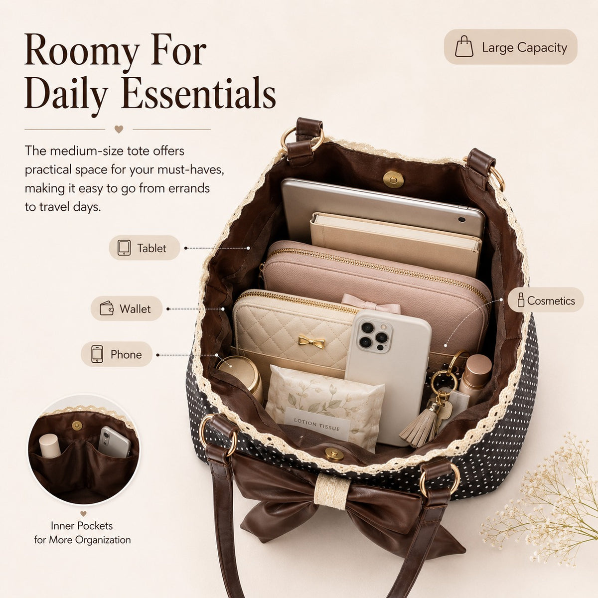 🤎 Retro Sweet Polka Dot Shoulder Tote Bag, Big Brown Bow Lace Edge Canvas Everyday Purse