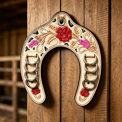 🌵 Western-Style Tooled Leather Horseshoe Hook – Equestrian Scarf/Silk Scarf Organizer & Decor