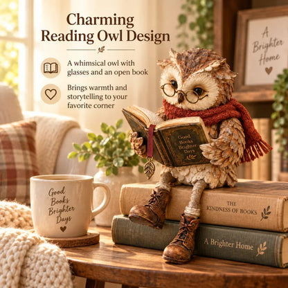 📚 Reading Owl Statue with Scarf & Glasses, Rustic Home Desk & Shelf Decor Ornament