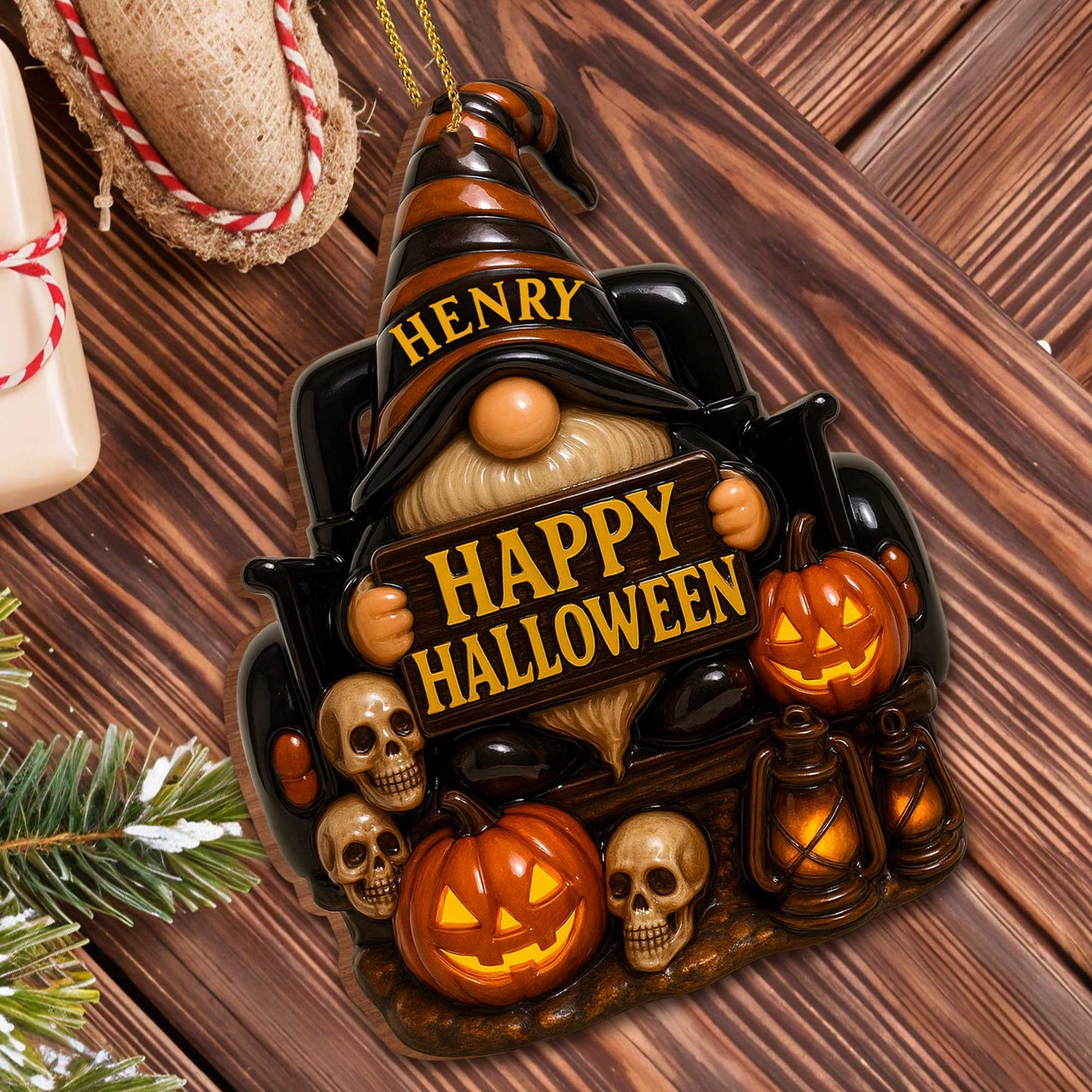 👻 	Personalized Halloween Goblin Ornament – Custom Name Resin Hanging Decor for Home
