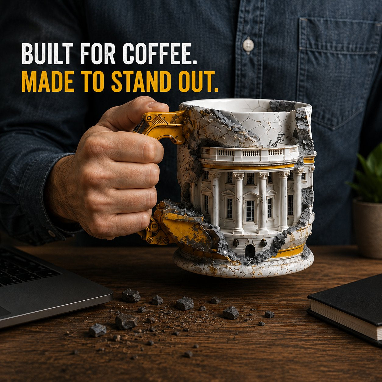 🚧3D Excavator Ruin Building Mug🏗️ Industrial Sculpted Coffee Cup, Unique Gift for Engineers & Construction Lovers