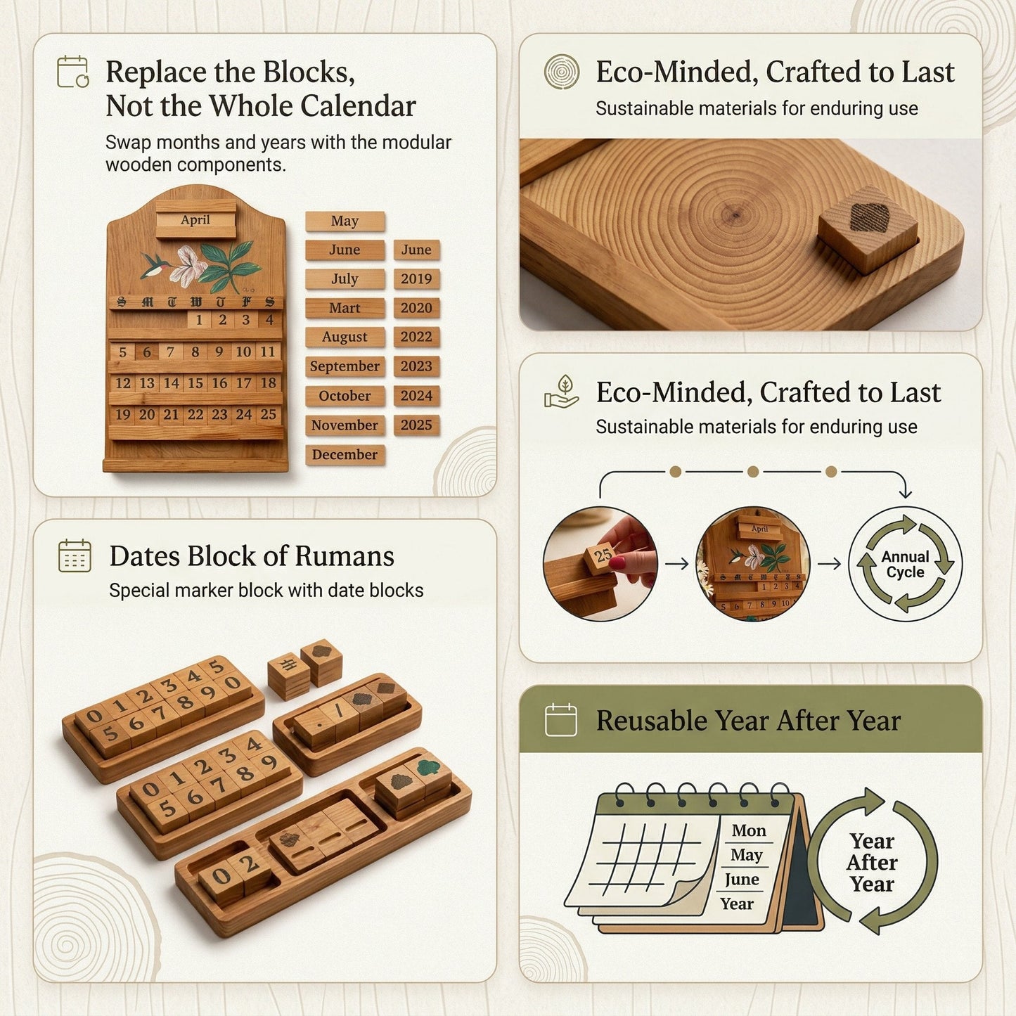🌲 Wooden Perpetual Calendar – Rustic Family Date Tracker with Hand-Painted Art, Reusable DIY Home Decor for Wall & Tabletop