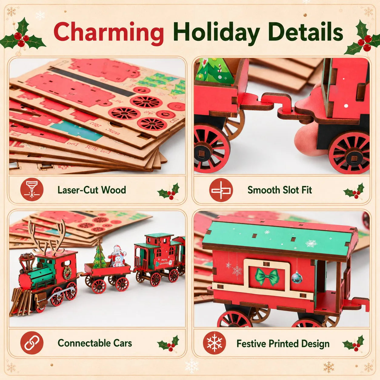 🚂 DIY Wooden Christmas Train – 3D Puzzle & Holiday Decor Kit🎄