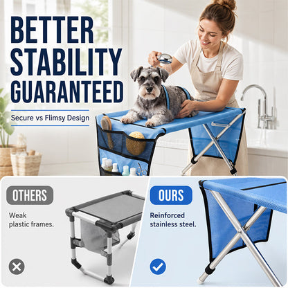 🐾 2-in-1 Foldable Pet Grooming Table – Suspension Hammock & Stable Bath Station