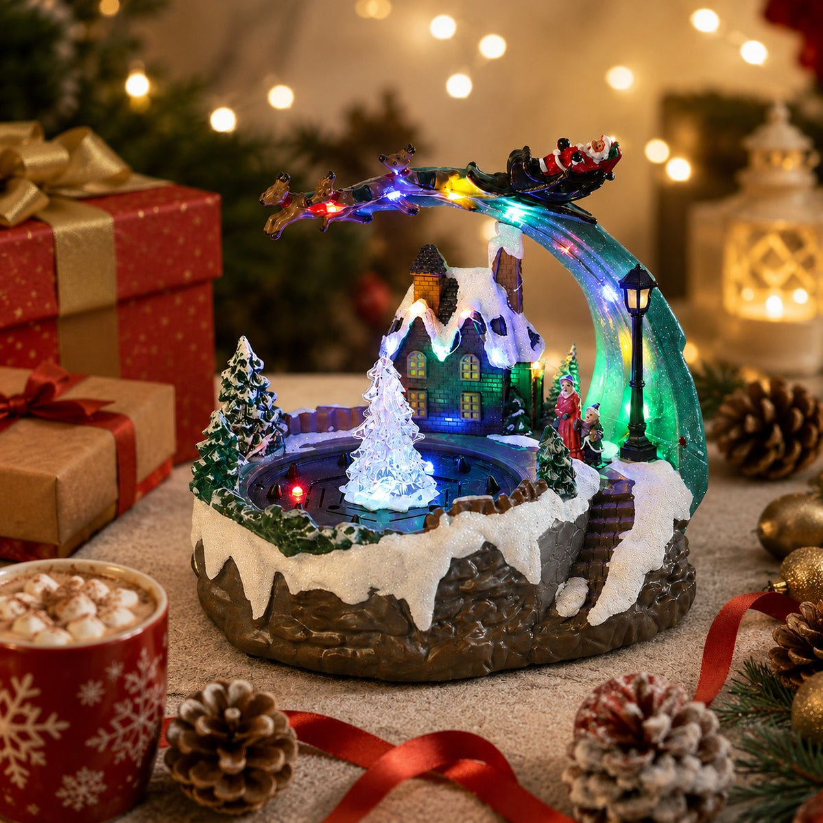 🎄Animated Christmas Village Fountain Music Box✨ Light‑Up Resin Winter Scene Ornament Holiday Tabletop Decor Xmas Gift