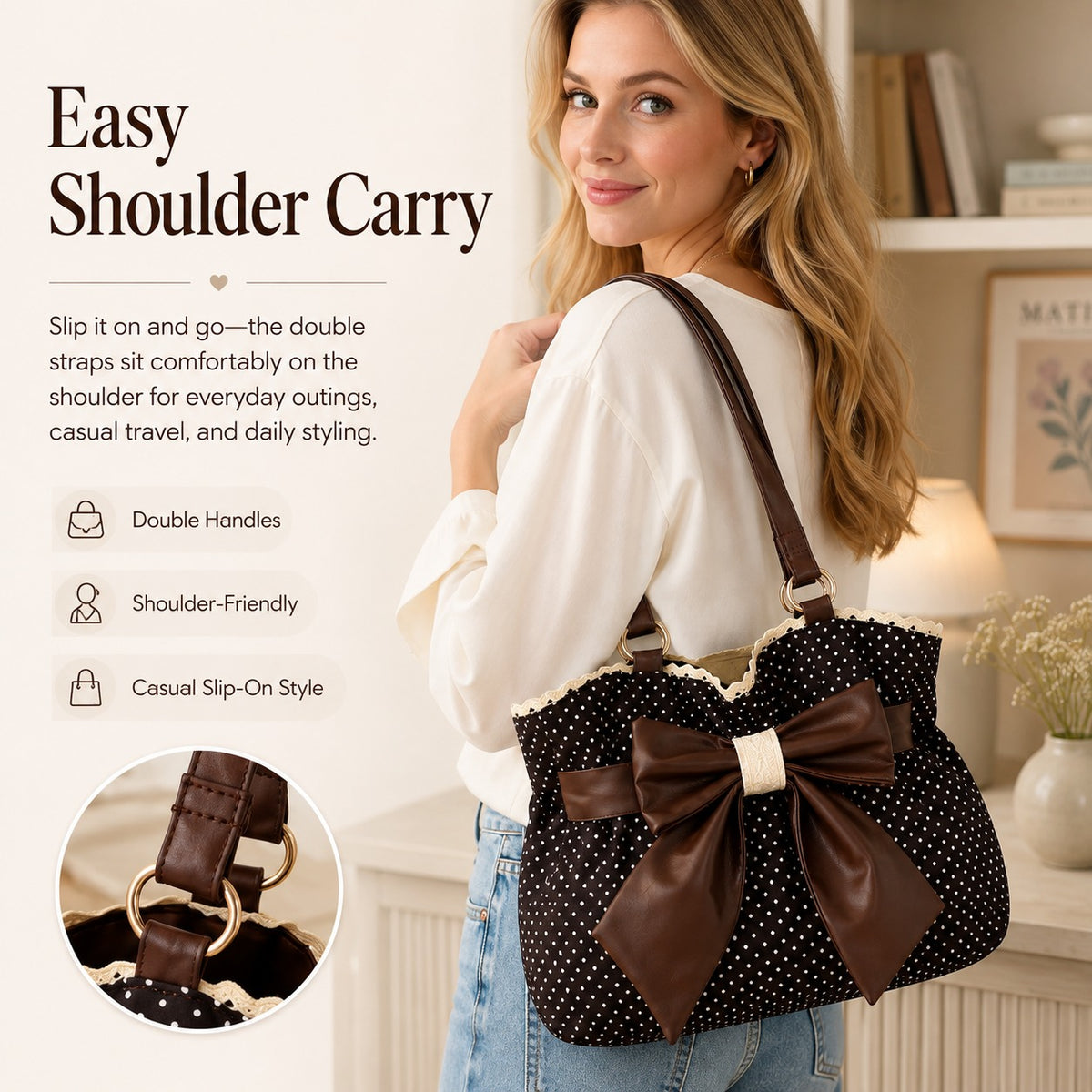 🤎 Retro Sweet Polka Dot Shoulder Tote Bag, Big Brown Bow Lace Edge Canvas Everyday Purse