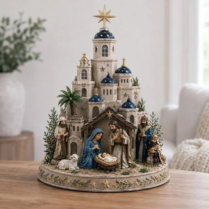 ⛪ Bethlehem Church Nativity Figurine – Classic Blue & White European Style Christmas Tabletop Decor