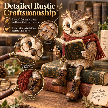 📚 Reading Owl Statue with Scarf & Glasses, Rustic Home Desk & Shelf Decor Ornament