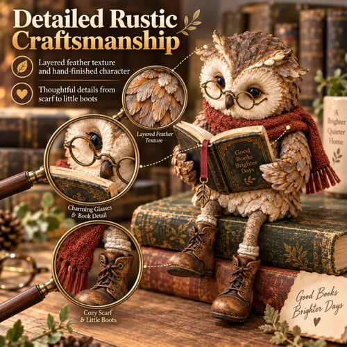 📚 Reading Owl Statue with Scarf & Glasses, Rustic Home Desk & Shelf Decor Ornament