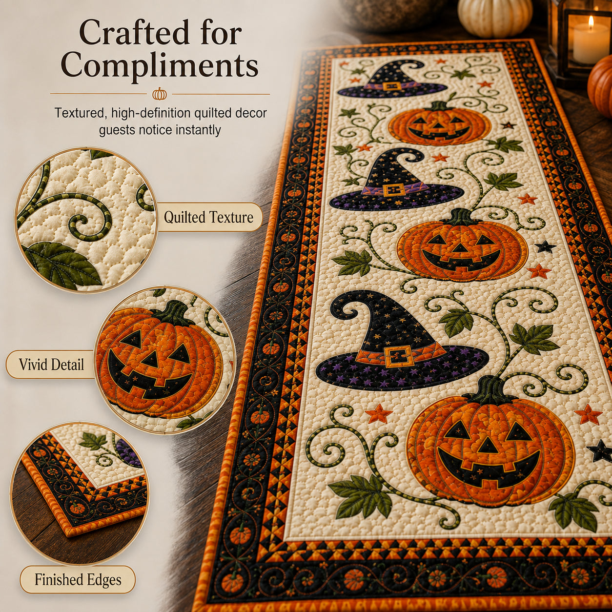 🎃 Quilted Halloween Table Runner – Pumpkin & Witch Hat Design