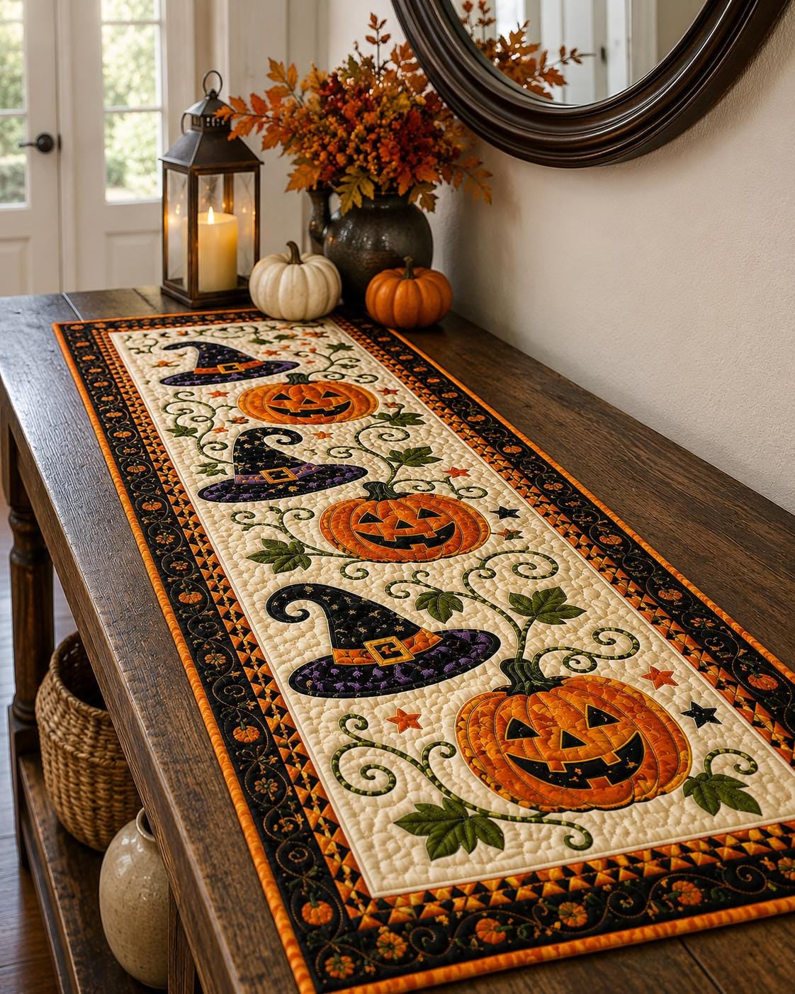 🎃 Quilted Halloween Table Runner – Pumpkin & Witch Hat Design
