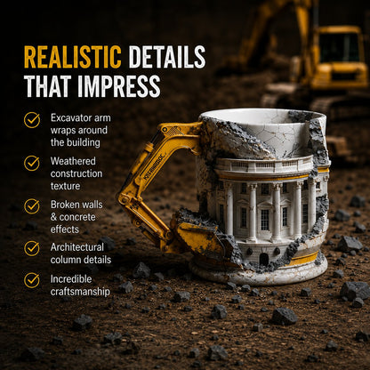 🚧3D Excavator Ruin Building Mug🏗️ Industrial Sculpted Coffee Cup, Unique Gift for Engineers & Construction Lovers