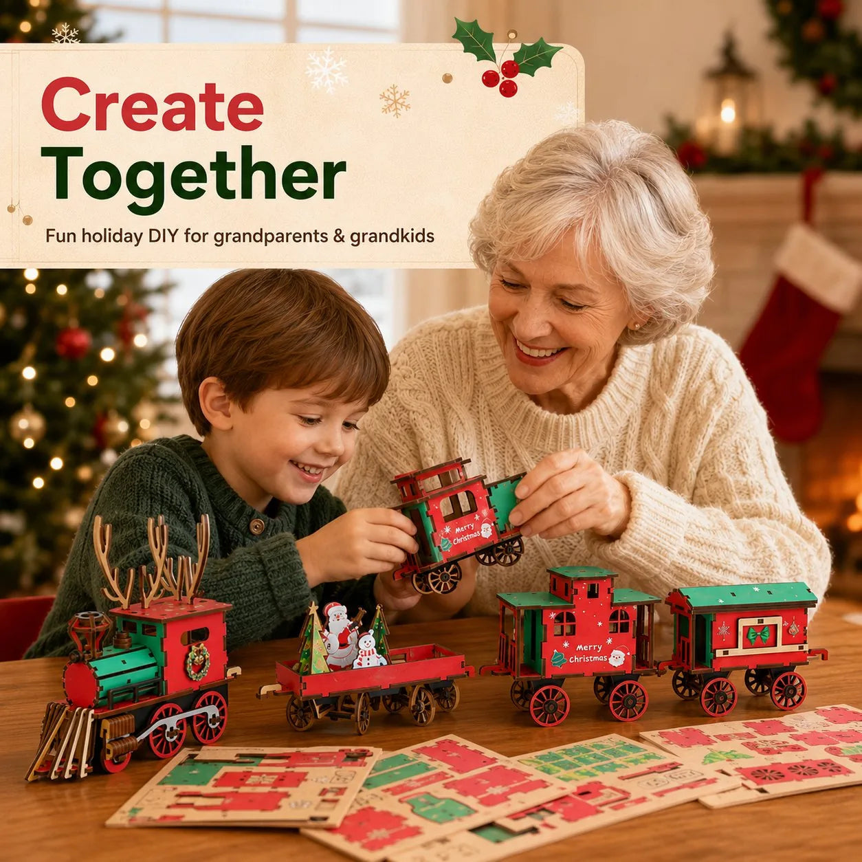 🚂 DIY Wooden Christmas Train – 3D Puzzle & Holiday Decor Kit🎄