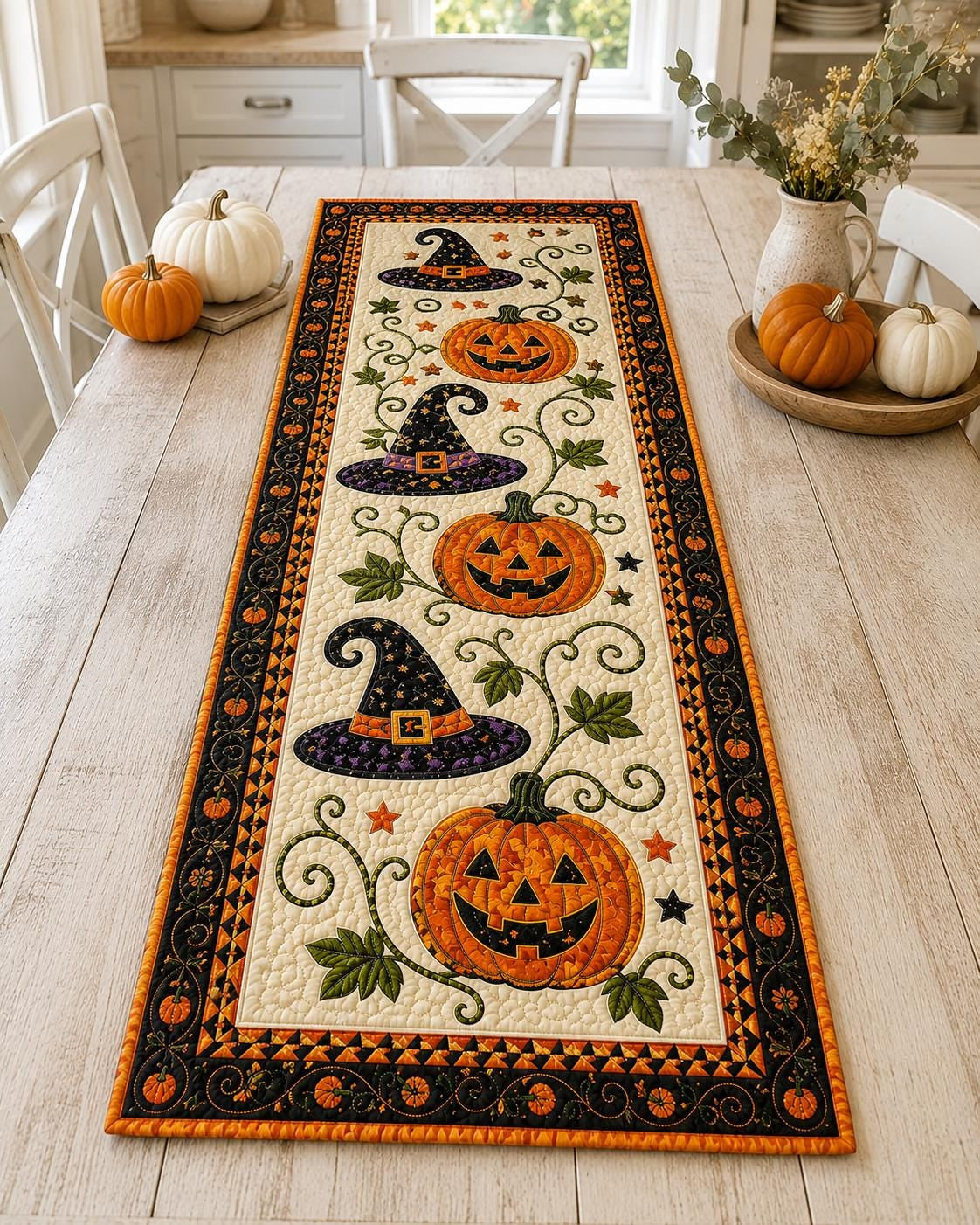 🎃 Quilted Halloween Table Runner – Pumpkin & Witch Hat Design