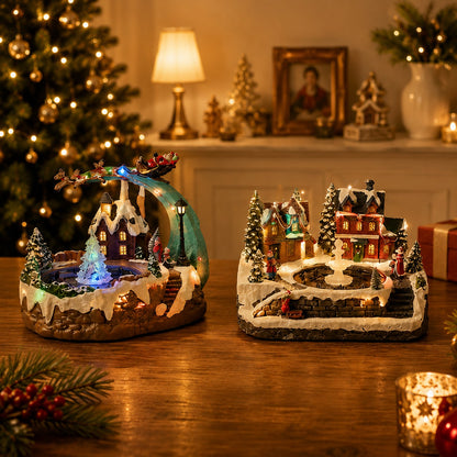 🎄Animated Christmas Village Fountain Music Box✨ Light‑Up Resin Winter Scene Ornament Holiday Tabletop Decor Xmas Gift