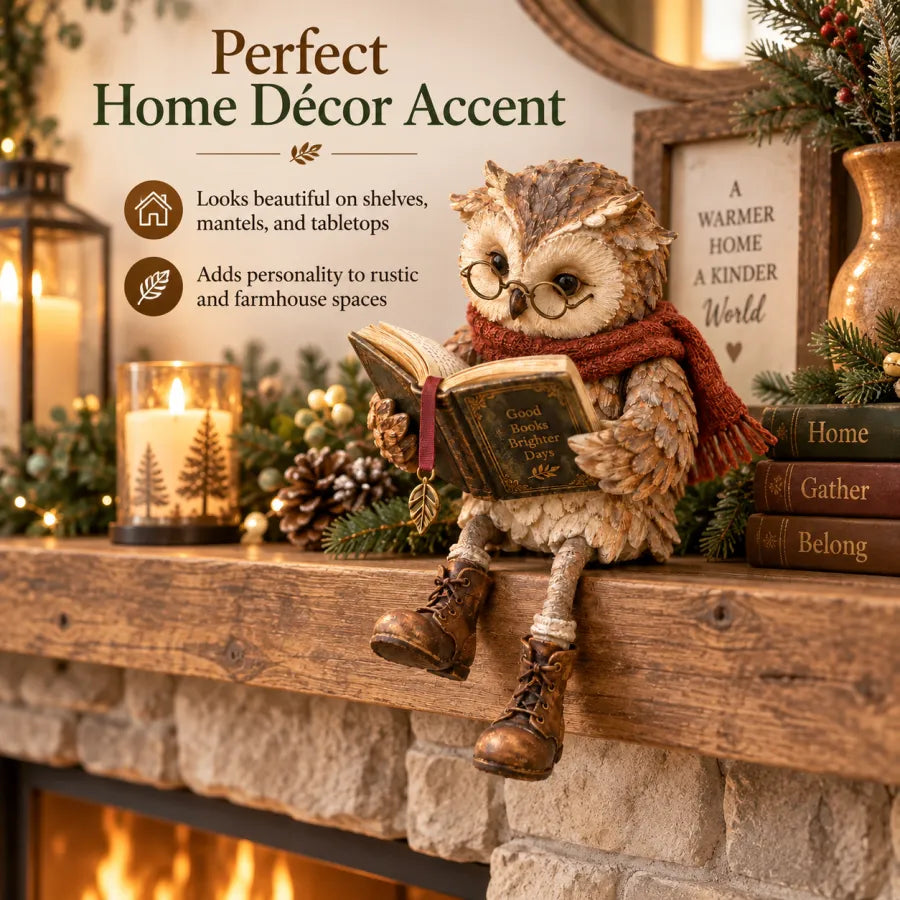 📚 Reading Owl Statue with Scarf & Glasses, Rustic Home Desk & Shelf Decor Ornament