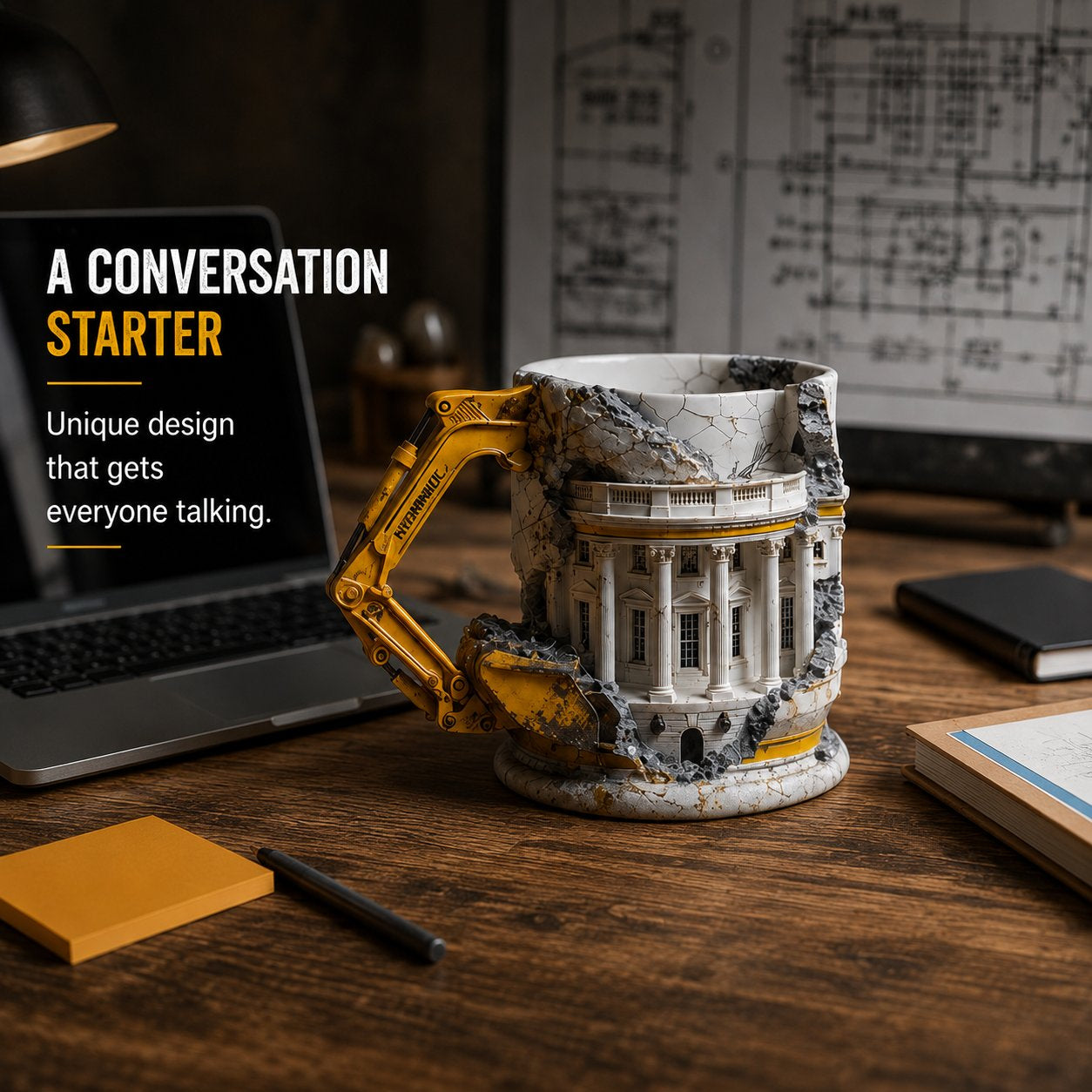 🚧3D Excavator Ruin Building Mug🏗️ Industrial Sculpted Coffee Cup, Unique Gift for Engineers & Construction Lovers