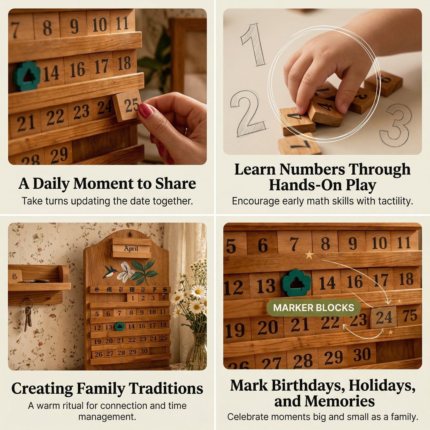 🌲 Wooden Perpetual Calendar – Rustic Family Date Tracker with Hand-Painted Art, Reusable DIY Home Decor for Wall & Tabletop