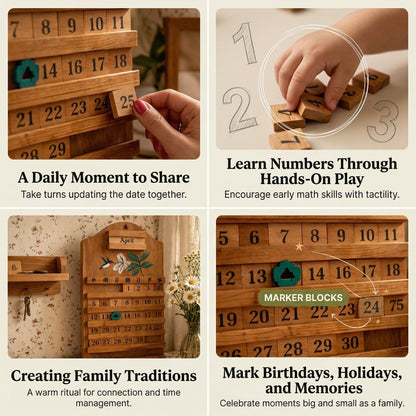 🌲 Wooden Perpetual Calendar – Rustic Family Date Tracker with Hand-Painted Art, Reusable DIY Home Decor for Wall & Tabletop