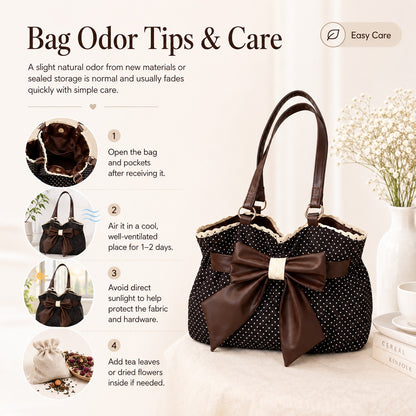 🤎 Retro Sweet Polka Dot Shoulder Tote Bag, Big Brown Bow Lace Edge Canvas Everyday Purse