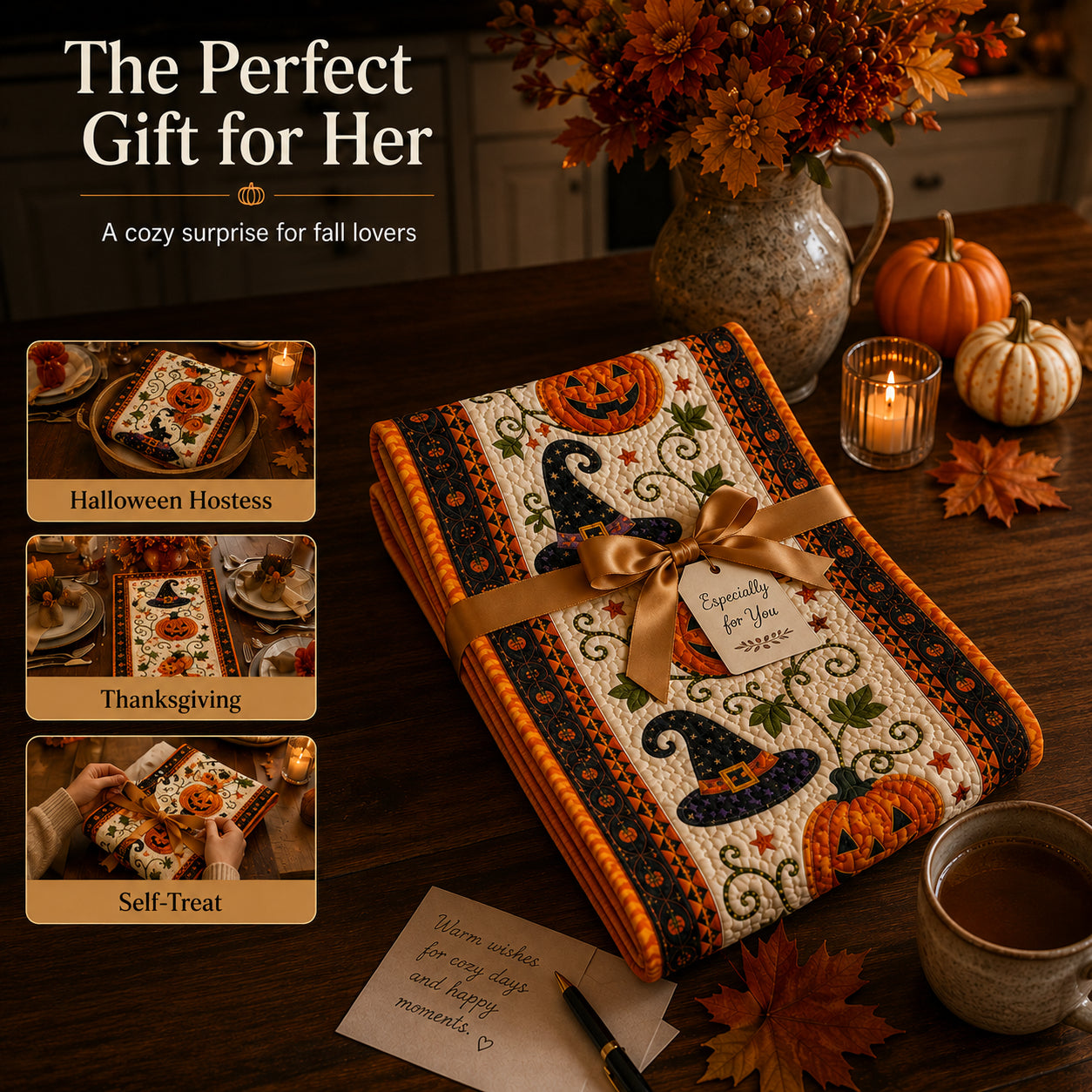 🎃 Quilted Halloween Table Runner – Pumpkin & Witch Hat Design