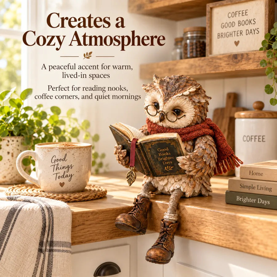 📚 Reading Owl Statue with Scarf & Glasses, Rustic Home Desk & Shelf Decor Ornament