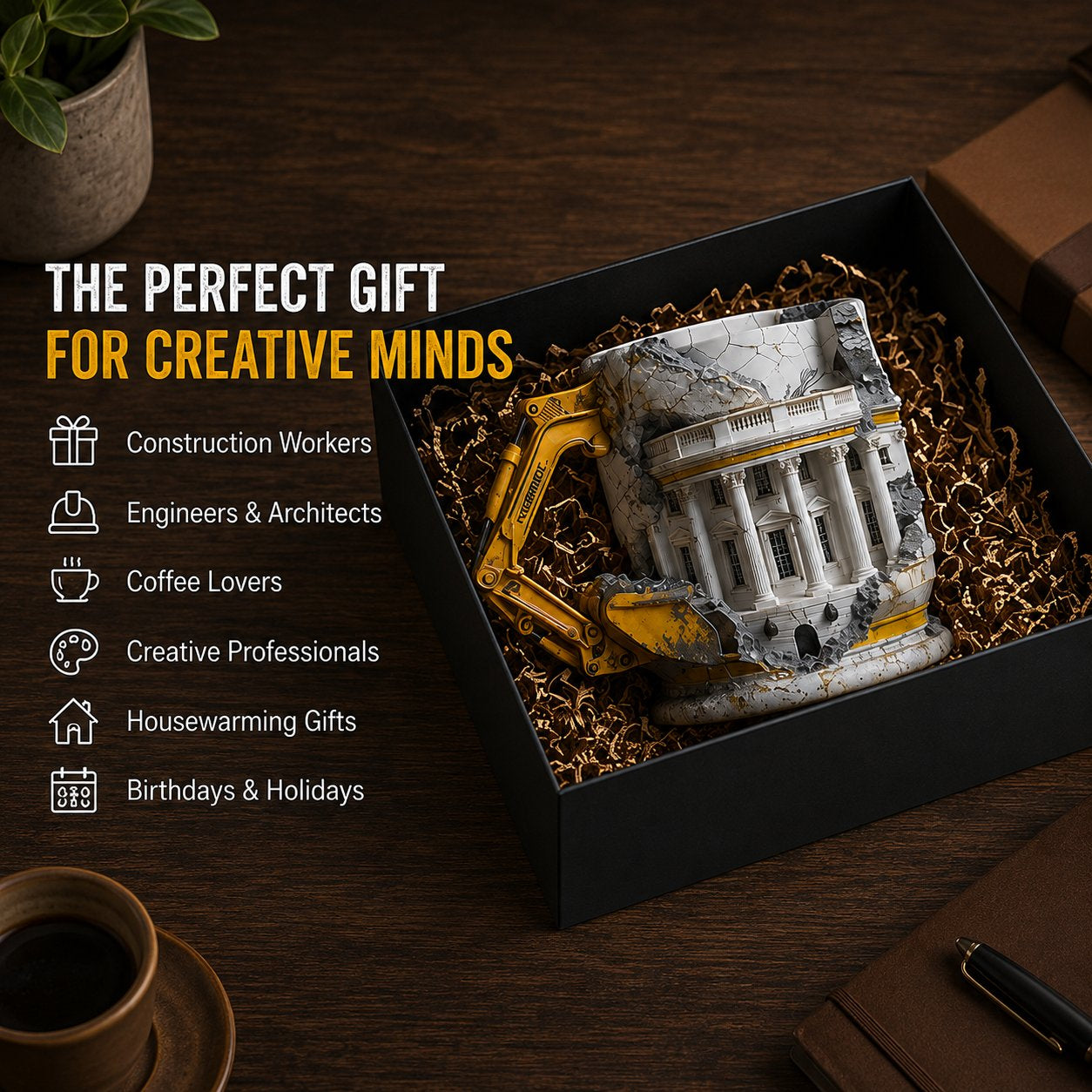 🚧3D Excavator Ruin Building Mug🏗️ Industrial Sculpted Coffee Cup, Unique Gift for Engineers & Construction Lovers