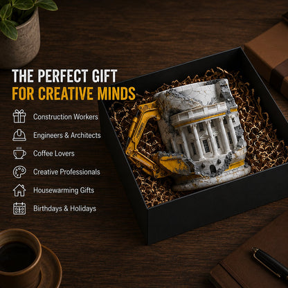 🚧3D Excavator Ruin Building Mug🏗️ Industrial Sculpted Coffee Cup, Unique Gift for Engineers & Construction Lovers