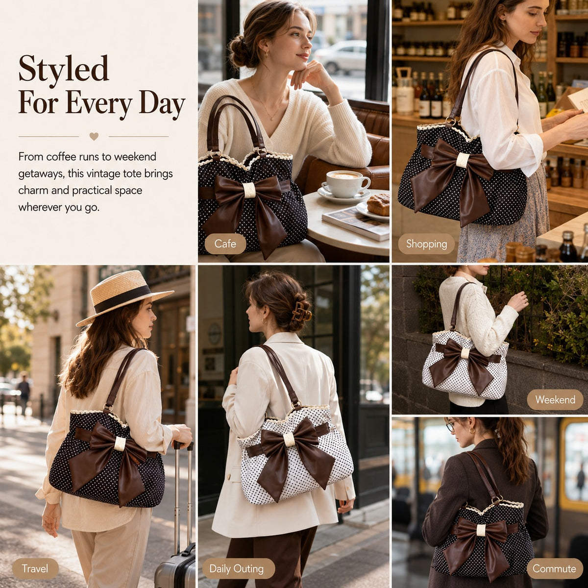 🤎 Retro Sweet Polka Dot Shoulder Tote Bag, Big Brown Bow Lace Edge Canvas Everyday Purse