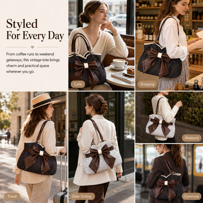 🤎 Retro Sweet Polka Dot Shoulder Tote Bag, Big Brown Bow Lace Edge Canvas Everyday Purse