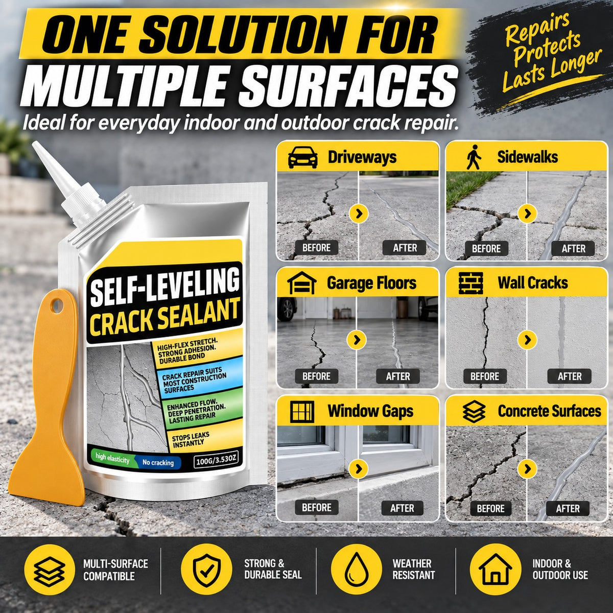 🛠️ Self-Leveling Concrete Crack Sealant, Waterproof Flexible Crack Filler for Driveway Sidewalk Garage Floor, All Weather Outdoor Concrete Crack Repair