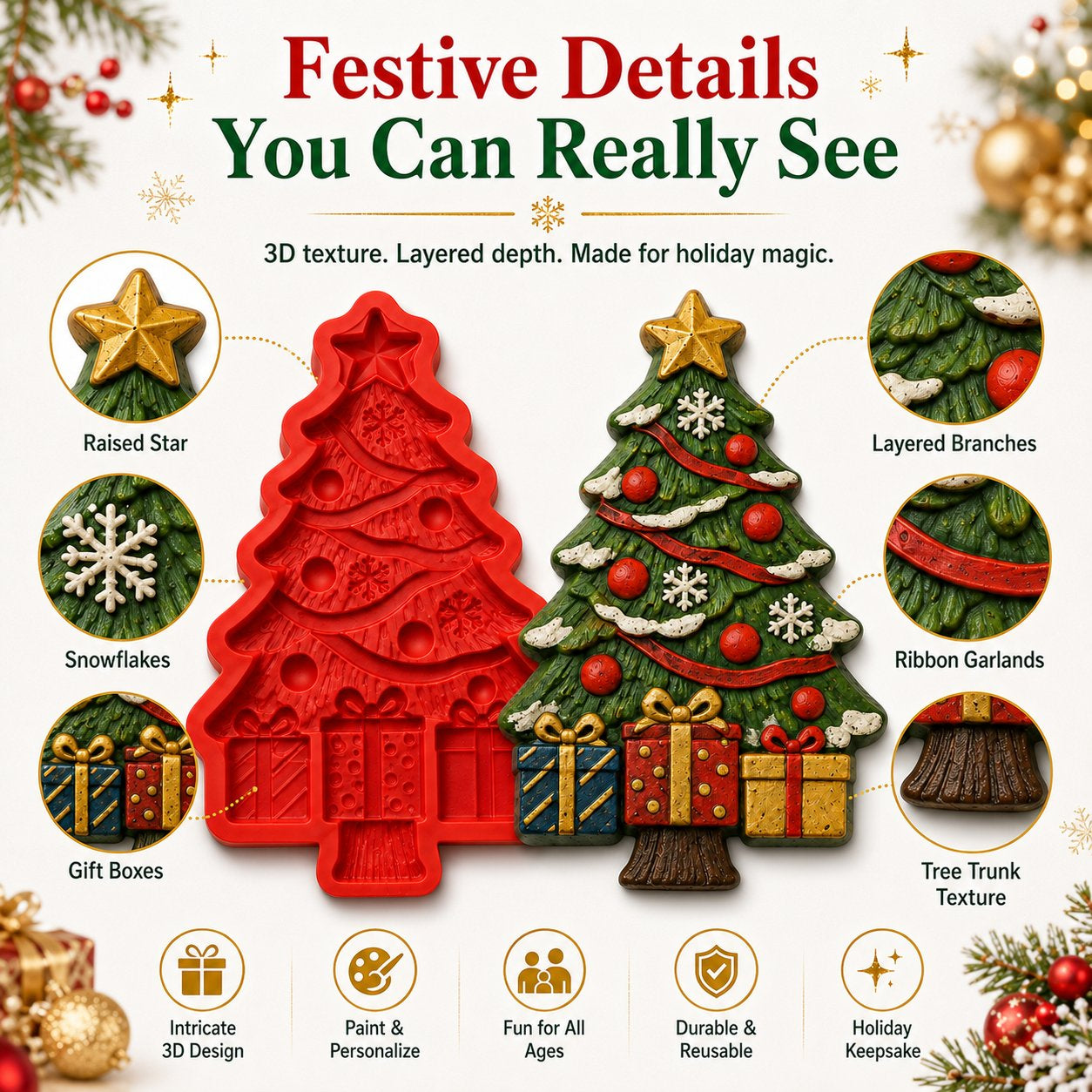 🎄 DIY Christmas Tree Mold Kit – Reusable Silicone Mold with Paints, Brushes & Palette, Complete Family Craft Set for Handmade Holiday Decor