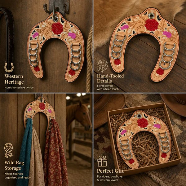 🌵 Western-Style Tooled Leather Horseshoe Hook – Equestrian Scarf/Silk Scarf Organizer & Decor