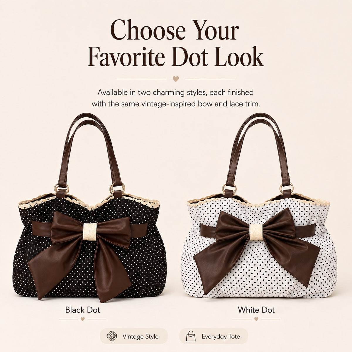 🤎 Retro Sweet Polka Dot Shoulder Tote Bag, Big Brown Bow Lace Edge Canvas Everyday Purse