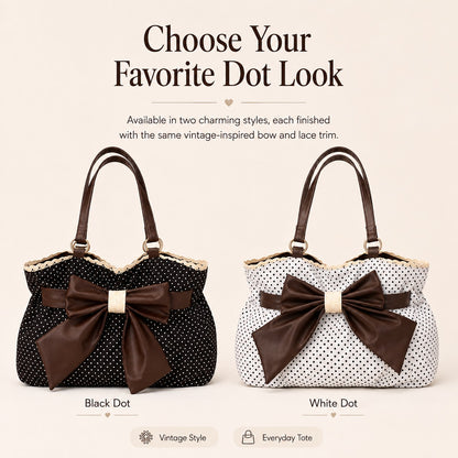 🤎 Retro Sweet Polka Dot Shoulder Tote Bag, Big Brown Bow Lace Edge Canvas Everyday Purse