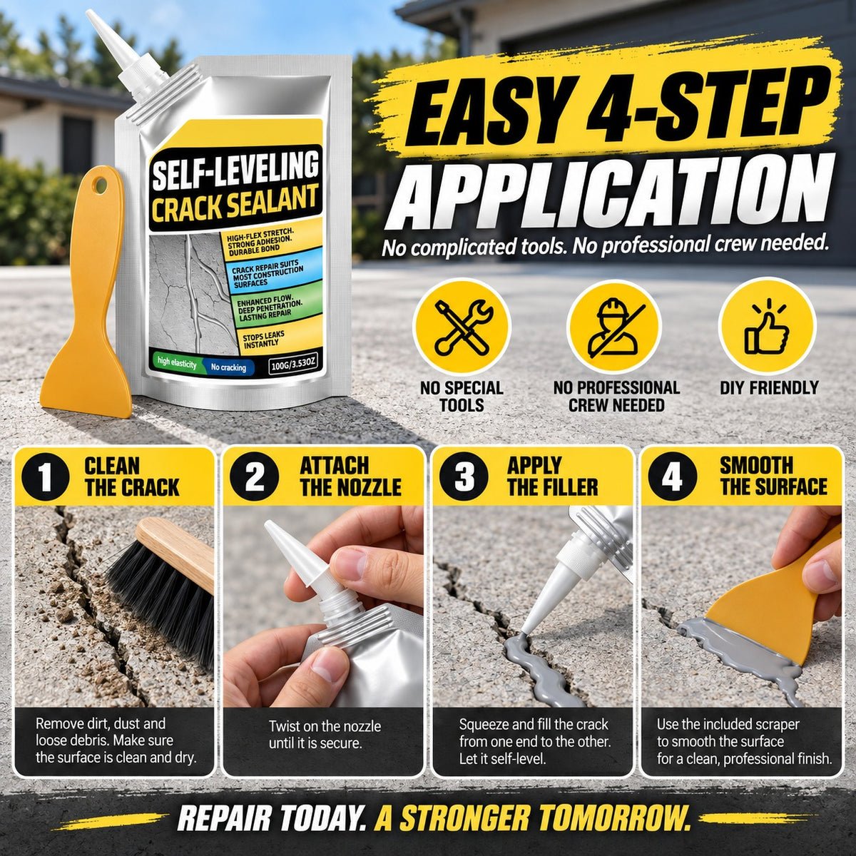 🛠️ Self-Leveling Concrete Crack Sealant, Waterproof Flexible Crack Filler for Driveway Sidewalk Garage Floor, All Weather Outdoor Concrete Crack Repair