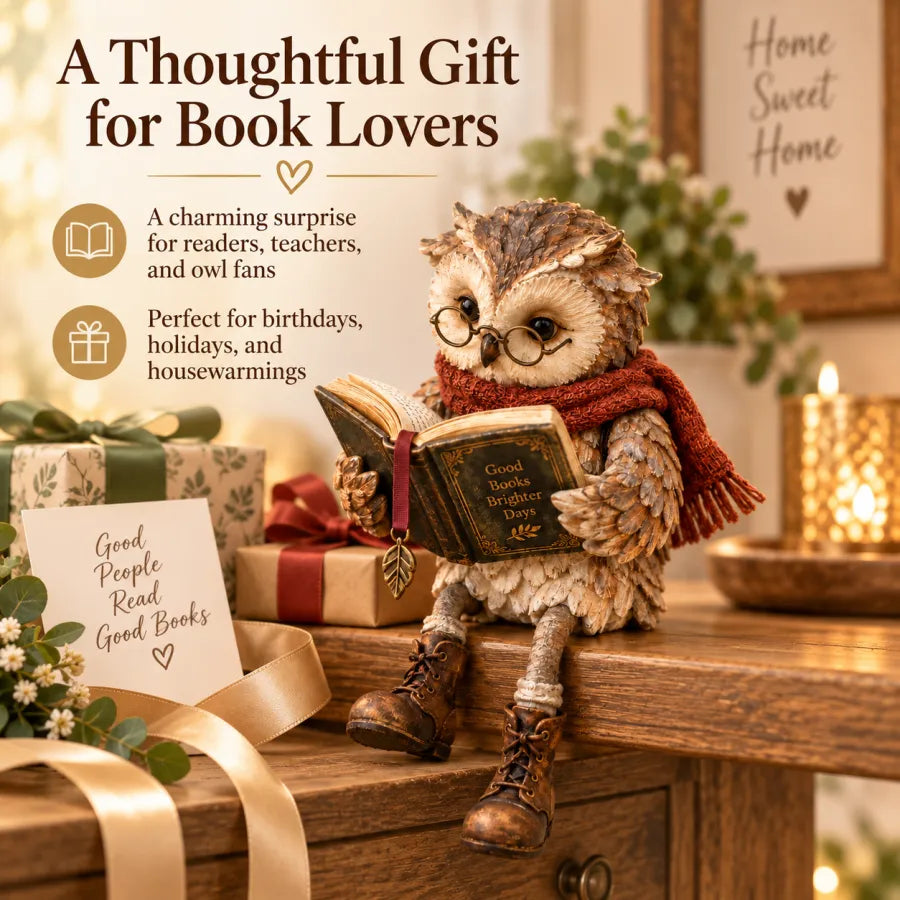📚 Reading Owl Statue with Scarf & Glasses, Rustic Home Desk & Shelf Decor Ornament