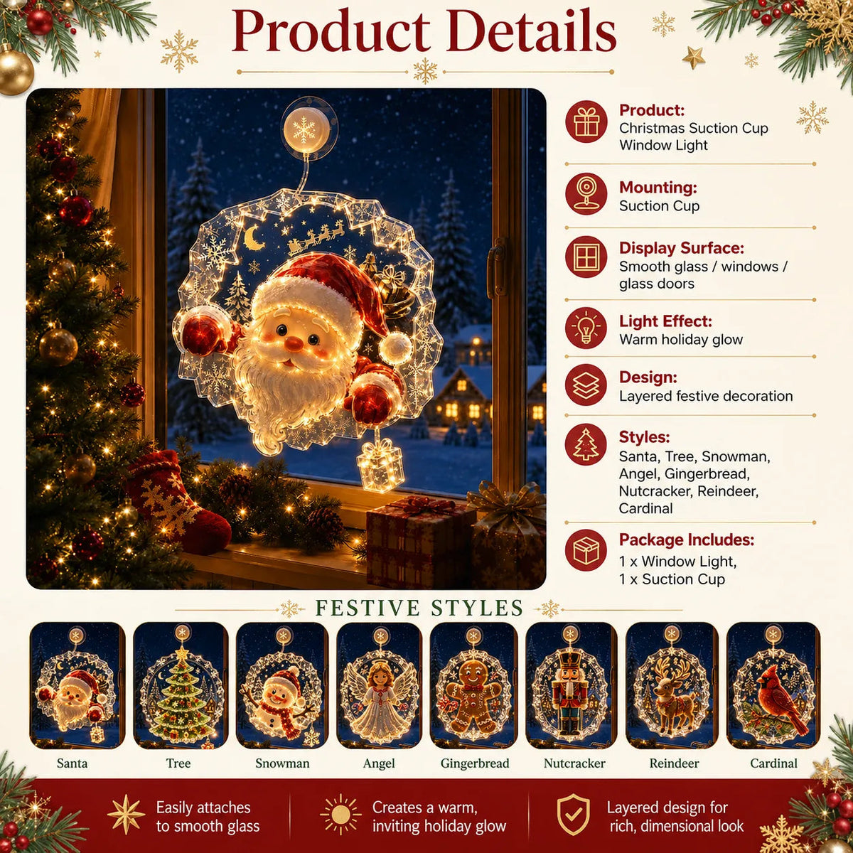 🎄Lighted Christmas Window Decoration with Suction Cup | Warm LED Window Light with Double-Layer Design & Multiple Festive Styles ✨