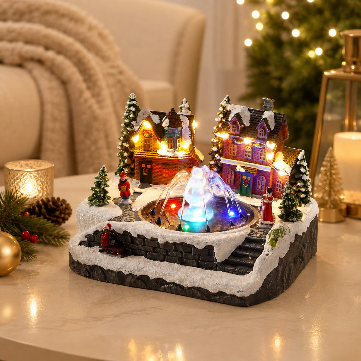 🎄Animated Christmas Village Fountain Music Box✨ Light‑Up Resin Winter Scene Ornament Holiday Tabletop Decor Xmas Gift