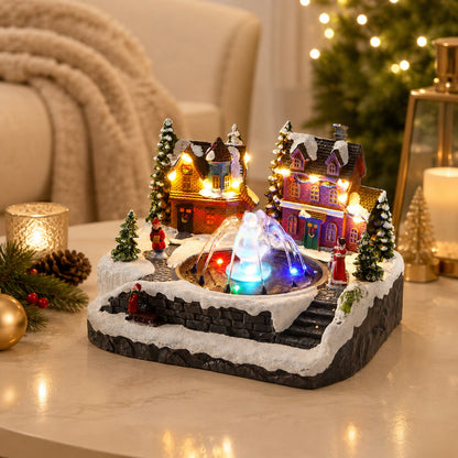 🎄Animated Christmas Village Fountain Music Box✨ Light‑Up Resin Winter Scene Ornament Holiday Tabletop Decor Xmas Gift