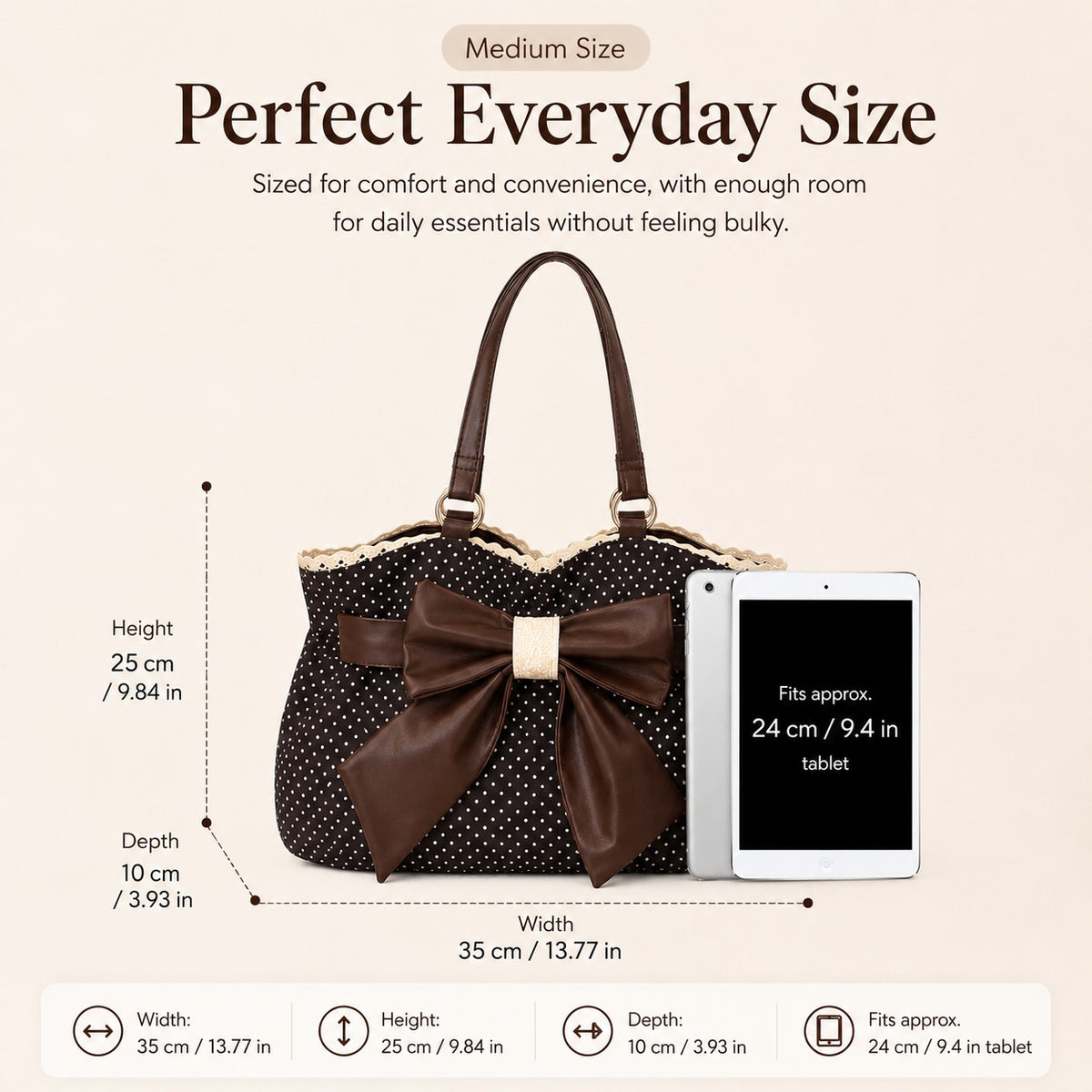 🤎 Retro Sweet Polka Dot Shoulder Tote Bag, Big Brown Bow Lace Edge Canvas Everyday Purse