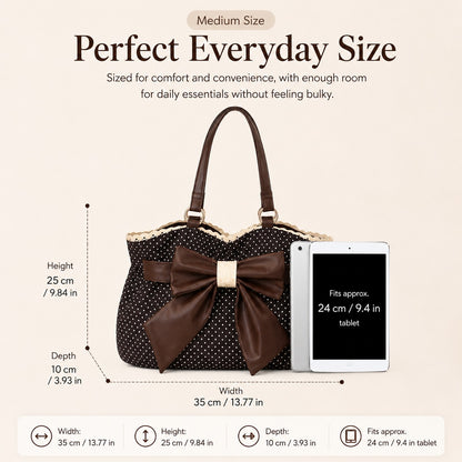 🤎 Retro Sweet Polka Dot Shoulder Tote Bag, Big Brown Bow Lace Edge Canvas Everyday Purse